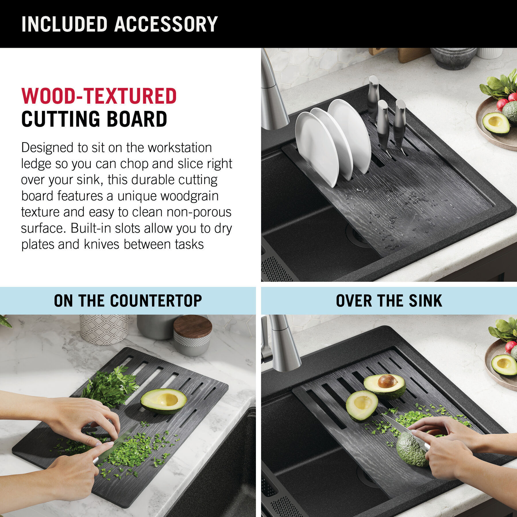 30” Granite Composite Workstation Kitchen Sink Drop-In Top Mount Single Bowl with WorkFlow™ Ledge and Accessories in Black, image 1